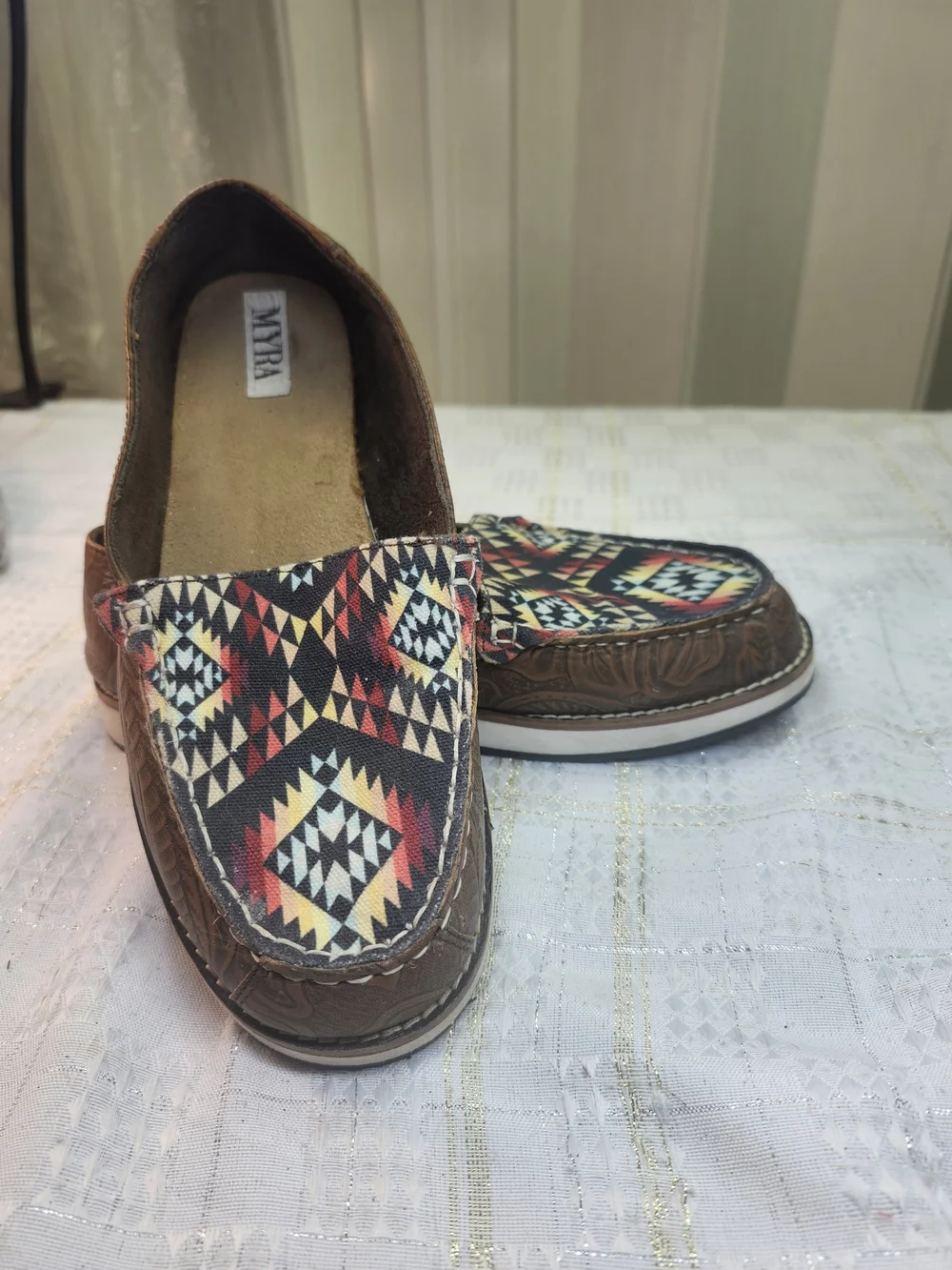 Myra Bag Brown Multicolor Aztec Slip-On Women Shoes